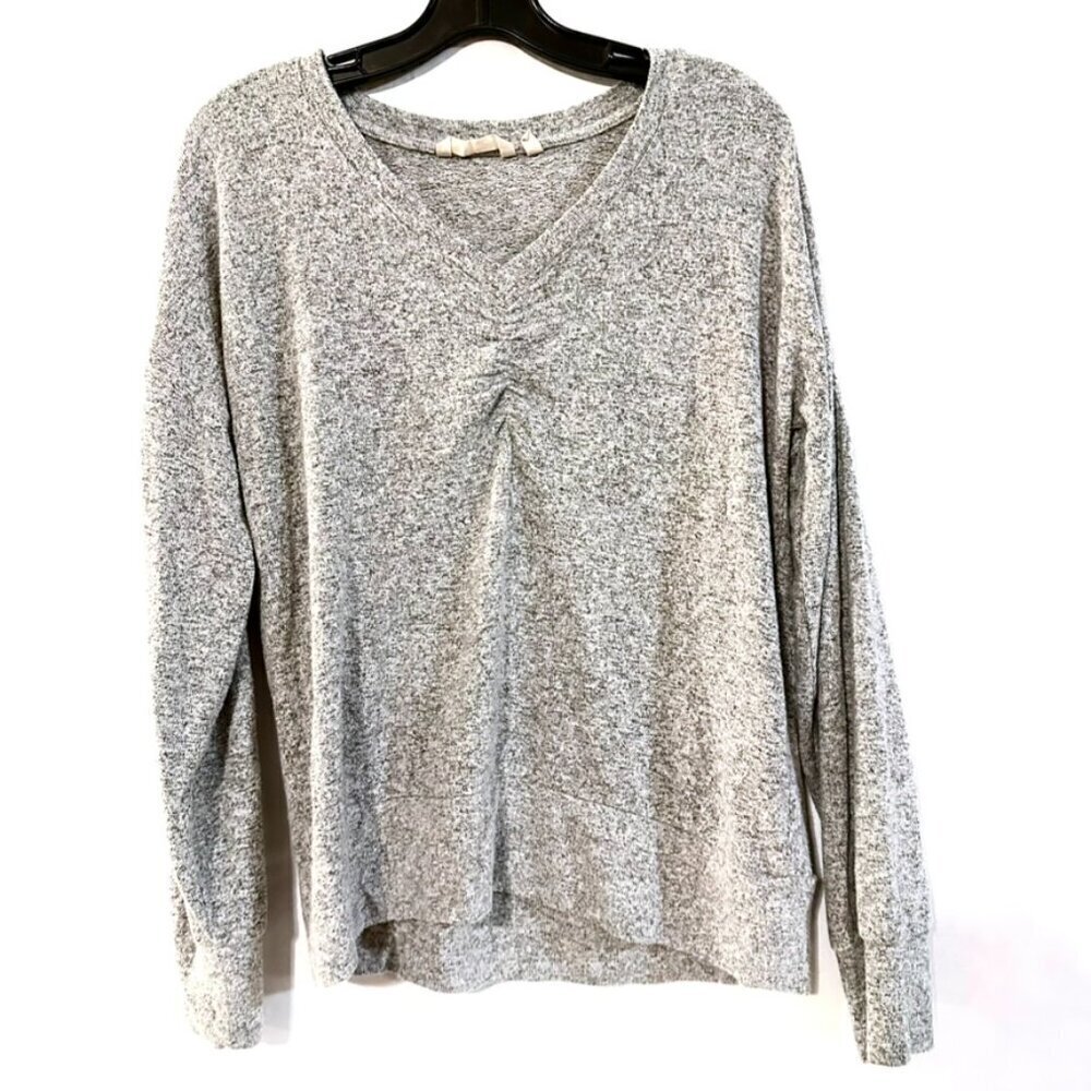 Soft Surroundings Size Small Gray Top Blouse Long Sleeve Ruched V Neck Sweater